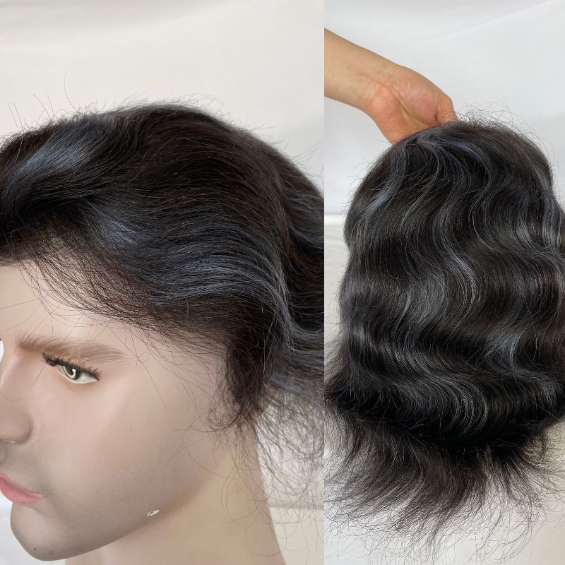 Pwigs Mens Toupee Thin Skin PU Base 1B Highlight Blue Hairpiece 100% Eropean Human Hair Toupee for Men Natural Hairline 8x10
