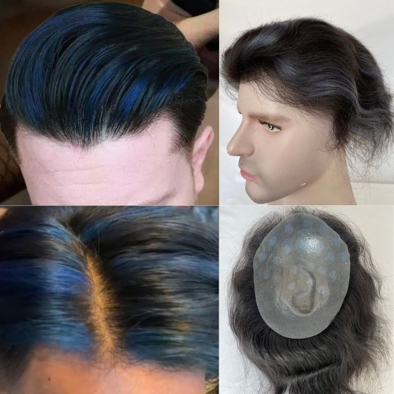 Pwigs Mens Toupee Thin Skin PU Base 1B Highlight Blue Hairpiece 100% Eropean Human Hair Toupee for Men Natural Hairline 8x10