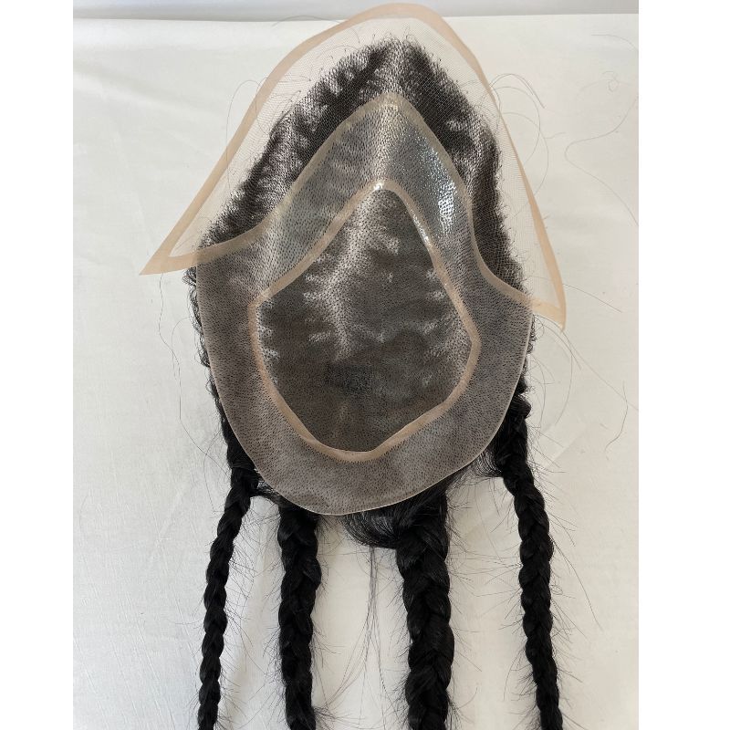 Toupee For Men Four Braids Aka Double Braids Mens Hairpiece100% Human Hair Mono Base with PU Hair Replacement for Men Base Size 8x10 inch Mens Toupee 12 Inch Long Hair