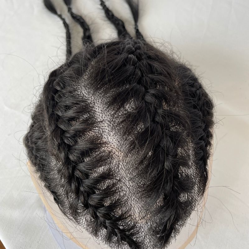 Toupee For Men Four Braids Aka Double Braids Mens Hairpiece100% Human Hair Mono Base with PU Hair Replacement for Men Base Size 8x10 inch Mens Toupee 12 Inch Long Hair