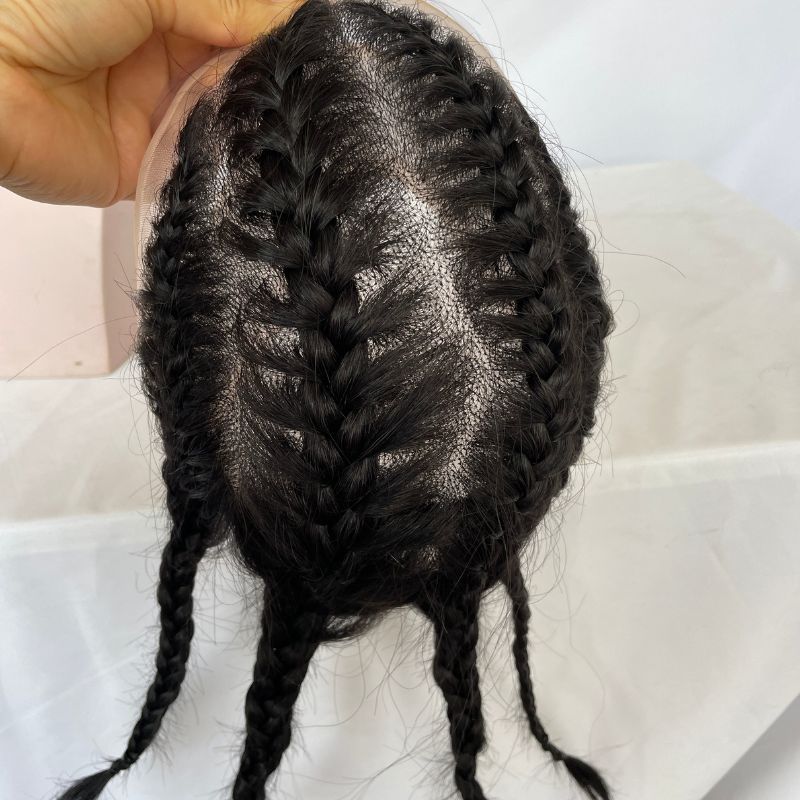 Toupee For Men Four Braids Aka Double Braids Mens Hairpiece100% Human Hair Mono Base with PU Hair Replacement for Men Base Size 8x10 inch Mens Toupee 12 Inch Long Hair