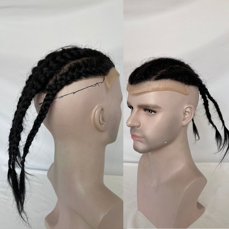 Toupee For Men Four Braids Aka Double Braids Mens Hairpiece100% Human Hair Mono Base with PU Hair Replacement for Men Base Size 8x10 inch Mens Toupee 12 Inch Long Hair