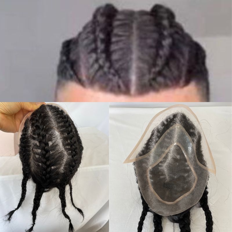 Toupee For Men Four Braids Aka Double Braids Mens Hairpiece100% Human Hair Mono Base with PU Hair Replacement for Men Base Size 8x10 inch Mens Toupee 12 Inch Long Hair