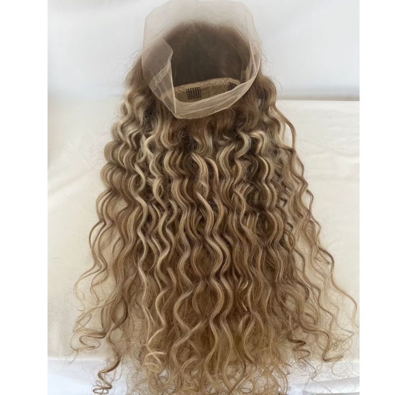 Human Hair Wigs Highlight Brown and Light Blonde Ombre  Wavy Curly 360 Lace Front Wigs 150% 180% Density European Human Hair Wigs For Women Preplucked