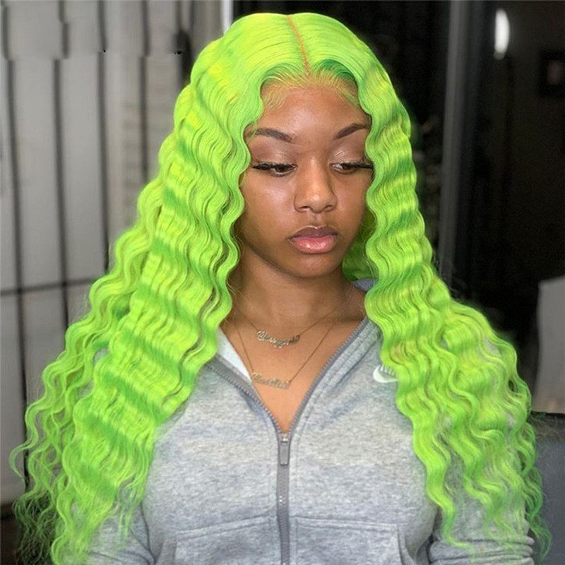Deep Wave Green Colored Lace Front Human Hair Wigs Ombre Lace Front Wig Brazilian Curly Wig Pre Plucked