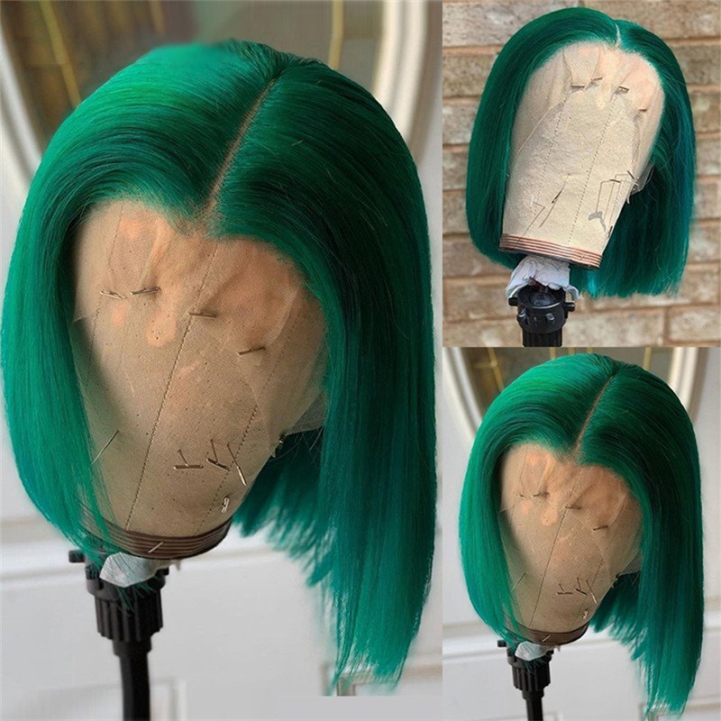Dark Green Bob Lace Front Wigs Peruvian Remy Hair Transparent Short Bob Human Hair Wigs Bleached Knots Bob Part Lace Wig 150%