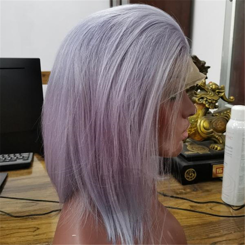 Short Lace Front Bob Wig With Pastel Purple Color