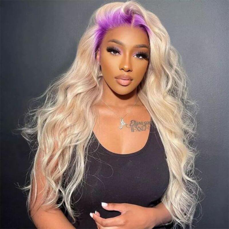 Body Wave Ombre 613 Colored with Light Purple Roots Lace Front Wig Brazilian Remy  Human Hair Wigs For Women 150%