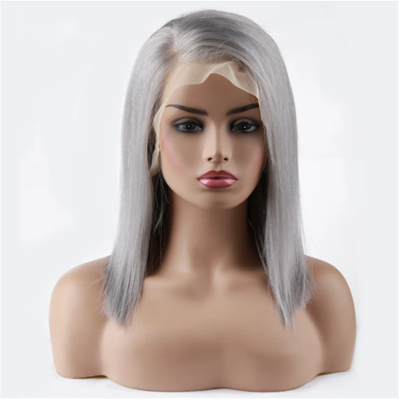 Human Hair Lace Front Bob Wig Silver Grey Straight Style