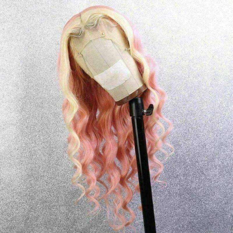 Ombre Light Pink and  Blonde Wigs HD Lace Front Brazilian Human Hair Wig Highlight Wigs Skunk Stripe Wigs Pre Plucked Straight Glueless Wig 150% Density Medium Cap