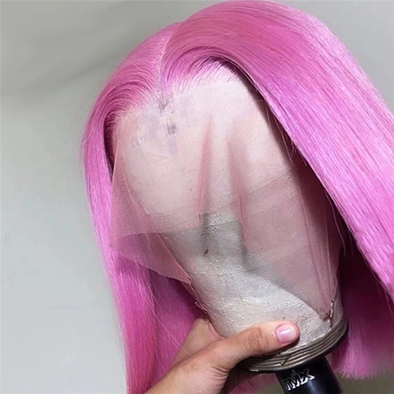150% Density  Pink Short Bob Human Hair Wigs Transparent Lace Front Wig Brazilian Remy Hair Pink Bob Lace Front Wig Pre Plucked