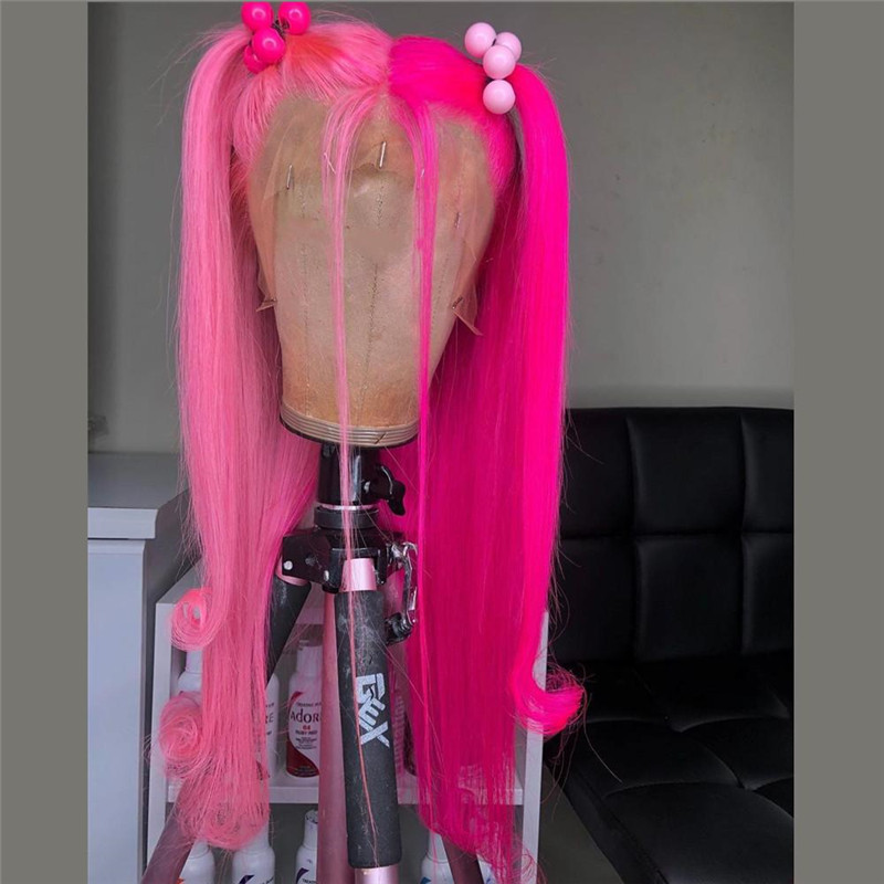 Peruvian Hair Half Pink Half Hot Pink Lace Front Fashion Wig