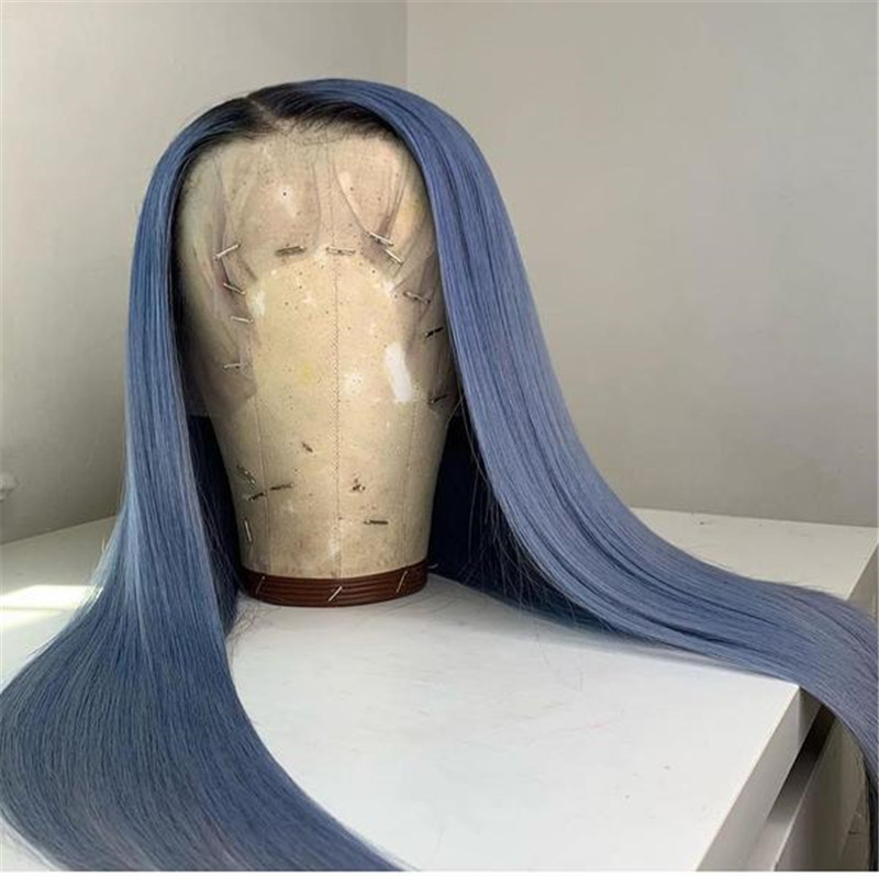 Peruvian Hair Aegean Blue Color With Dark Root Lace Front Wig