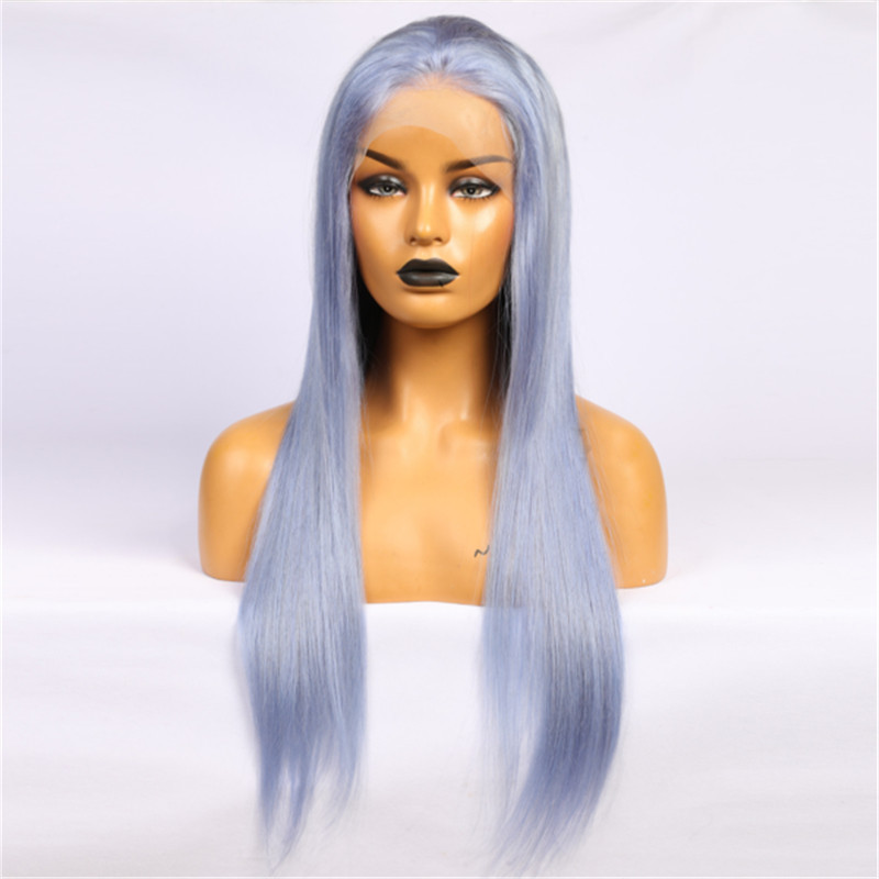 Virgin Human Hair Straight Lace Front Light Blue Wigs
