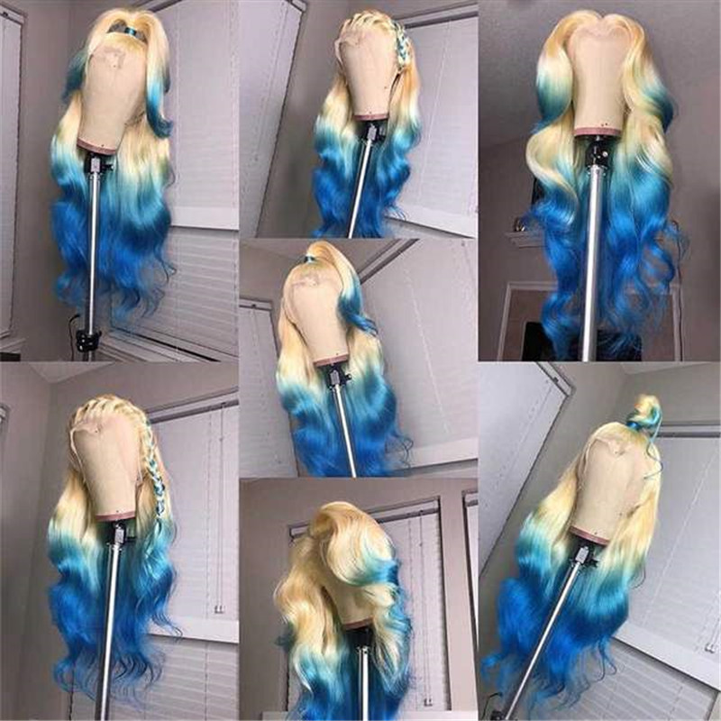 Human Hair 613 Blonde With Sky Blue Lace Front Wigs