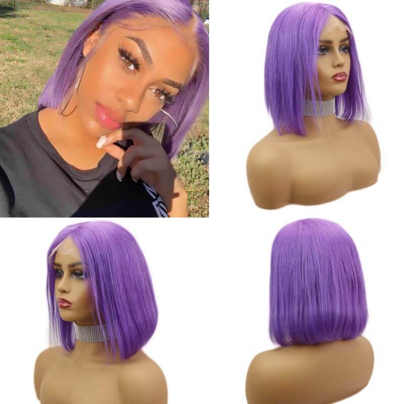 Purple Short Bob Human Hair Wigs Brazilian Remy Pre Plucked Bob Wig Transparent Lace Wigs Glueless Colored Wigs