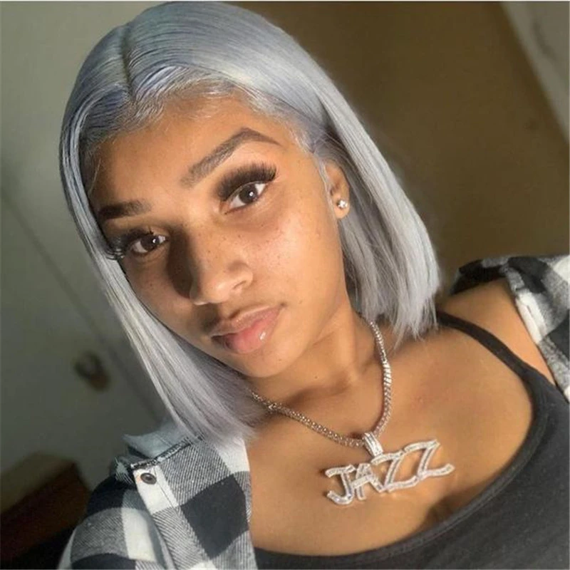 Human Hair Lace Front Bob Wig Silver Grey Straight Style