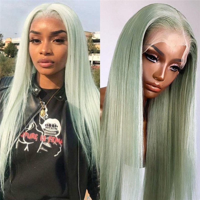 Green Ombre Human Hair Wigs For Women Brazilian Hair Lace Front Wigs Colored Wigs Straight Bob Wig Pre Plucked 150% Density
