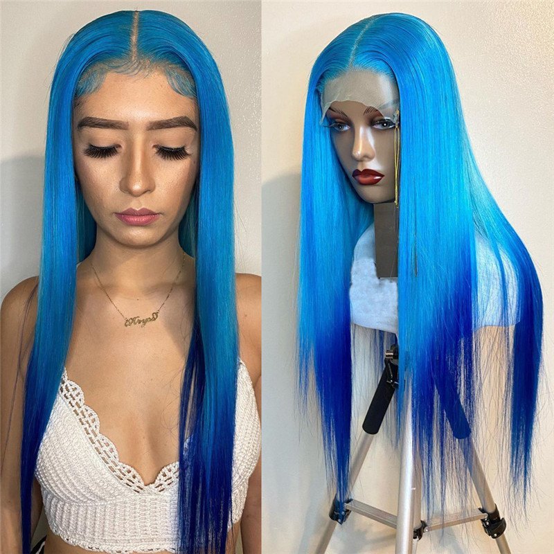 150% Density  Lace Front Human Hair Wigs Pre Plucked Blue Green Blonde Ombre Wig Lace Part Glueless Brazilian Hair Wigs For Women