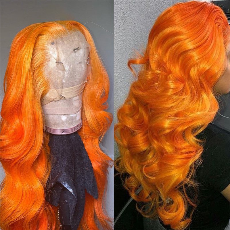 Transparent Lace Wigs Peruvian Body Wave Wigs Orange Ginger Color Pre-plucked Lace Front Wig Ombre Colored Human Hair Wigs 150%