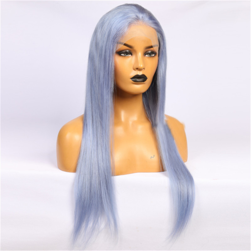Virgin Human Hair Straight Lace Front Light Blue Wigs
