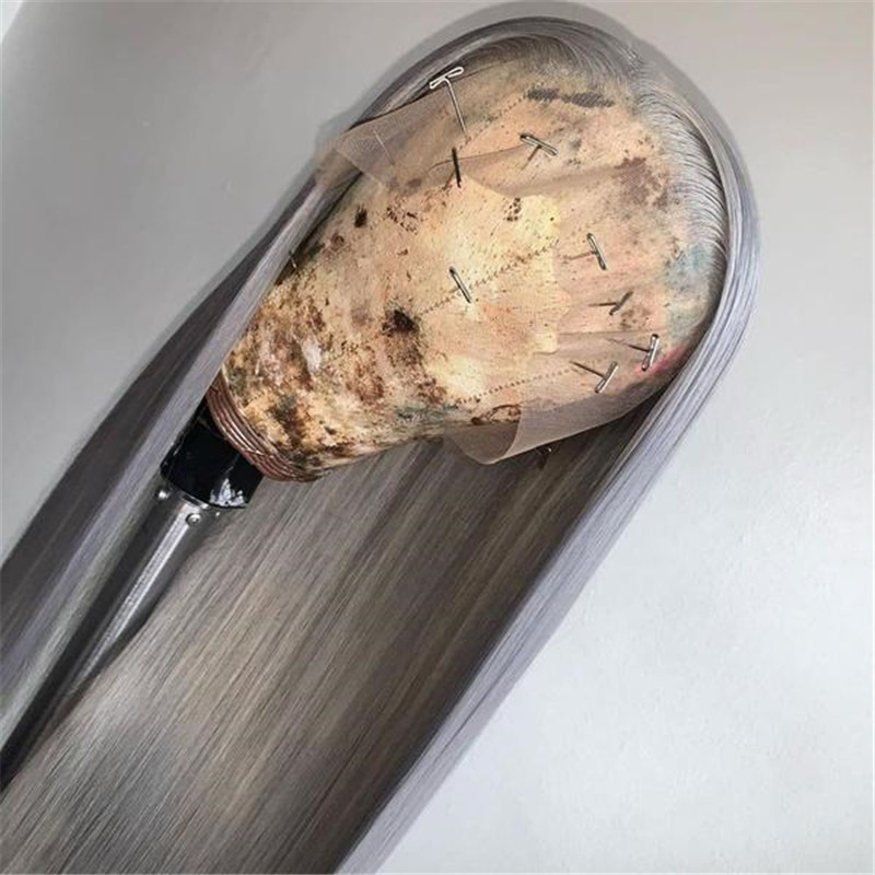 Virgin Human Hair Silver Grey Lace Front Wig Straight Style