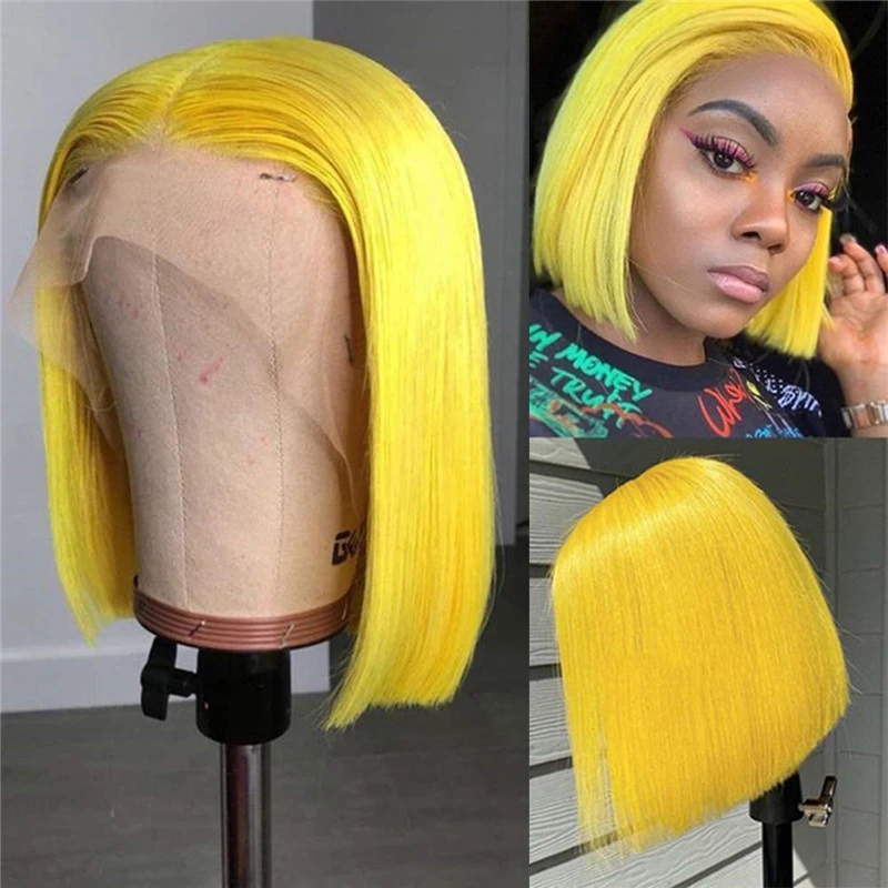 150% Straight Yellow Short Bob Human Hair Wigs Brazilian Remy Pre Plucked Bob Wig Transparent Lace Wigs Glueless Wigs