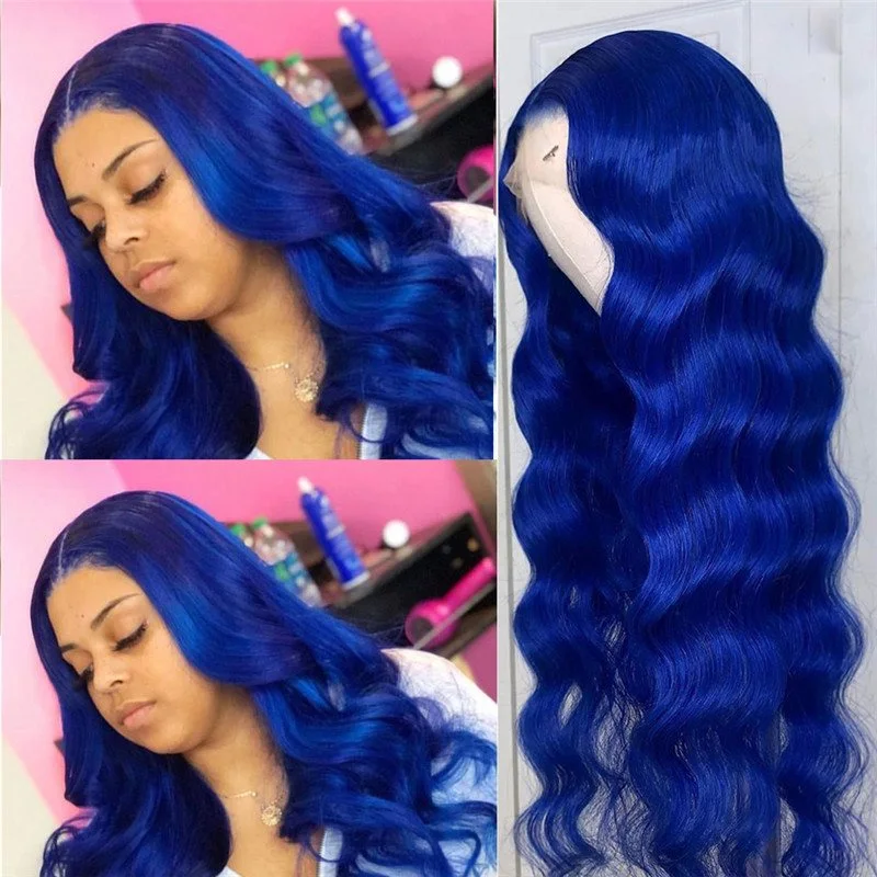 150% Density Transparent Lace Wigs Body Wave Colored Human Hair Wigs Peruvian Remy 4x4 Closure Wig Blue Ombre Lace Front Wig