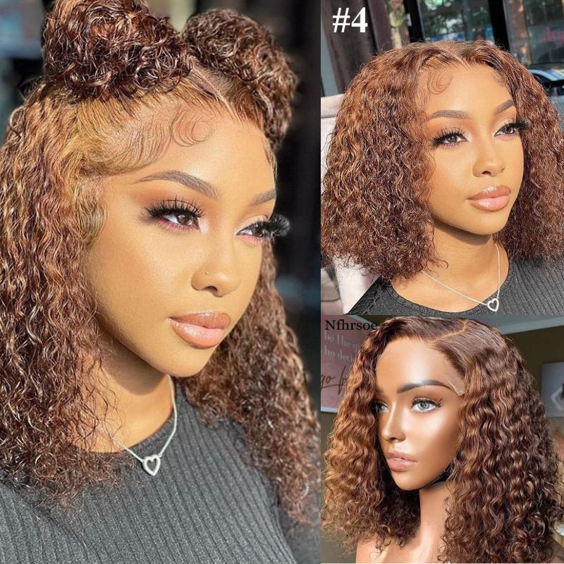 Human Hair Wigs Indian Hair Brown Colored  Curly Lace Front Bob Wig 13x4 Brown Curly Wigs Preplucked