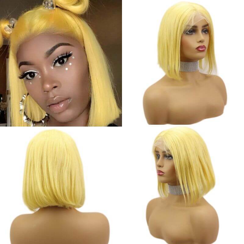 Brazilian Hair  Yellow #613 Blonde Color Human Hair Lace Front Bob Wig