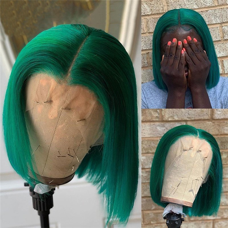 Dark Green Bob Lace Front Wigs Peruvian Remy Hair Transparent Short Bob Human Hair Wigs Bleached Knots Bob Part Lace Wig 150%