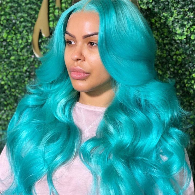 28inch Blue Body Wave Lace Front Wig Peruvian Remy Hair Transparent Highlight Colored Human Hair Wigs Bleached Knots