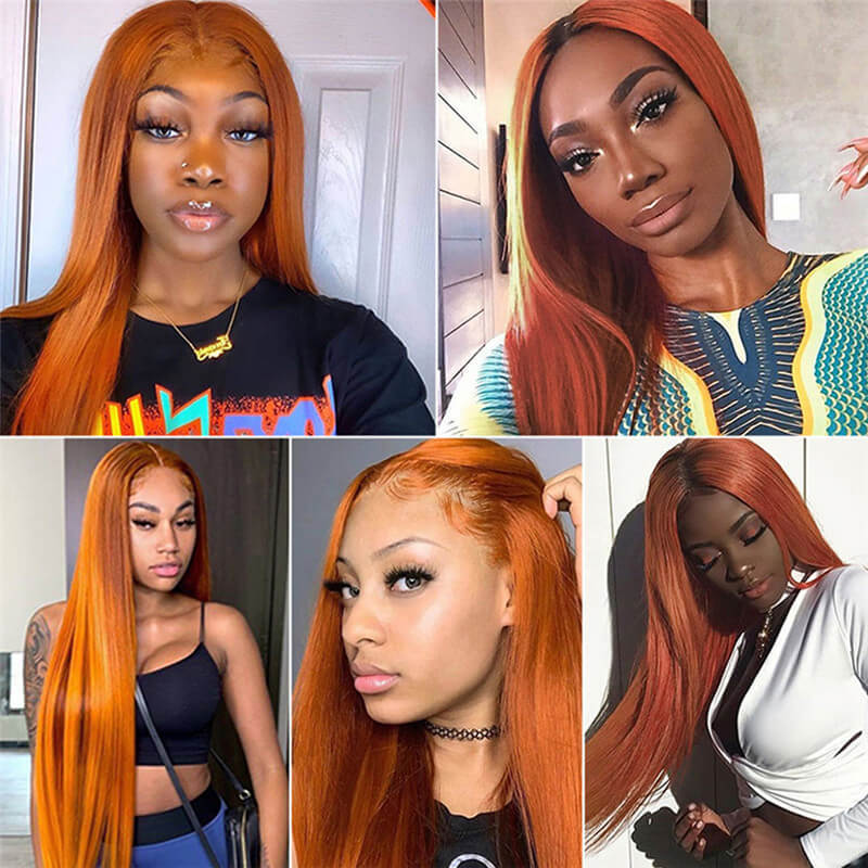 Straight Transparent Lace Wigs 150% Density Orange Ombre Human Hair Wigs For Women Brazilian Remy Hair Orange Lace Front Wig