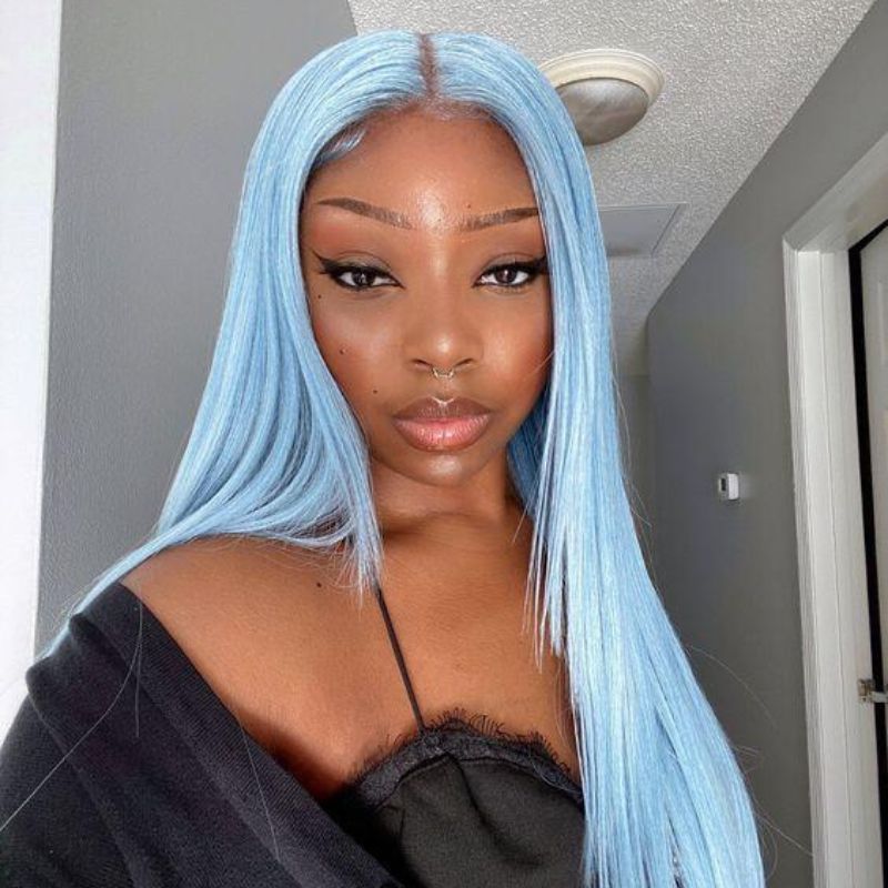 Lace Wigs Water Light Blue Human Hair Wigs For Women Peruvian Remy Lace Front Wig Glueless Straight Blue Wig Pre Plucked