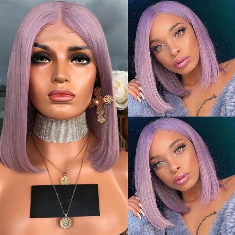 Pink Purple Color Wig Short Bob Lace Front Human Hair Wigs Pre Plucked Colored lace Frontal Wigs for Women Remy Brazilian Hair