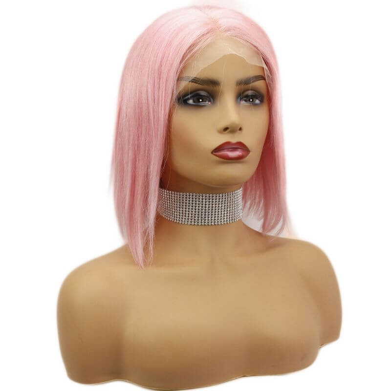 Leather Pink Bob Colored Human Hair Wigs Transparent Peruvian Remy Short Bob Lace Front Wigs Preplucked Closure Wig 150%