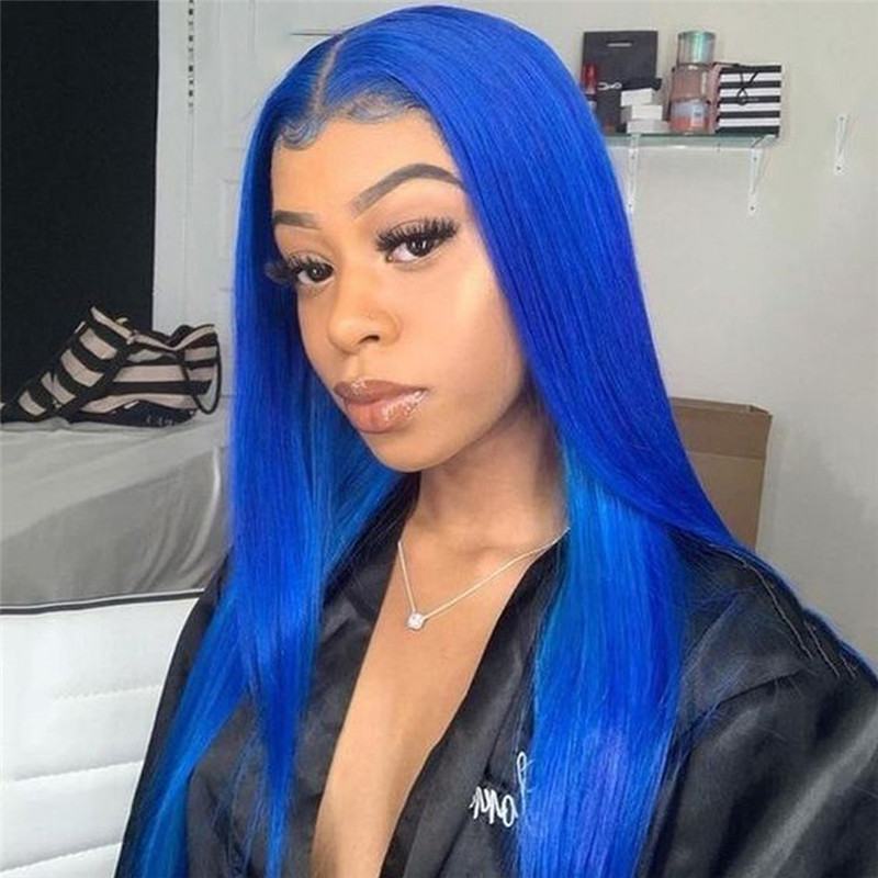 28inch Blue Ombre Colored Lace Front Human Hair Wigs For Women Pre Plucked Brazilian Remy Straight Blue Lace Front Wig