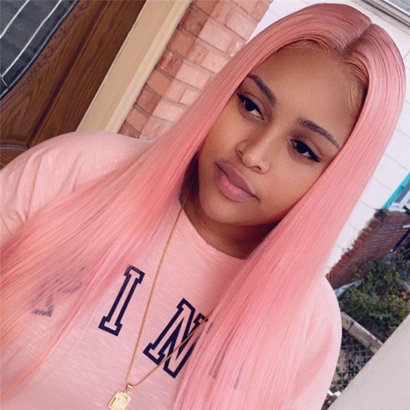 Long Straight Pink Colored Human Hair Wigs For Women Brazilian Remy Lace Front Wig With Baby Hair Pink Human Hair Wig Preplucked