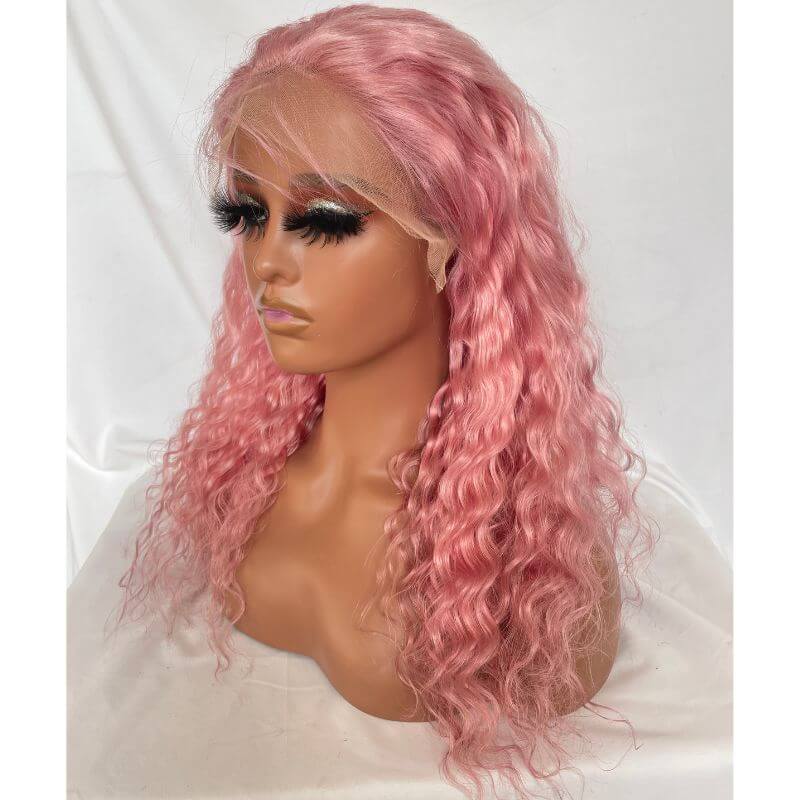 Deep Wave Pink Colored Lace Front Human Hair Wigs Lace Front Wig Brazilian Curly Wig Pre Plucked