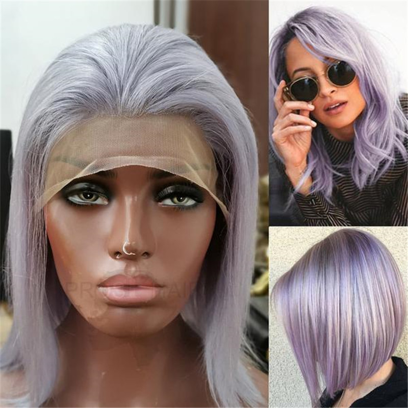 Short Lace Front Bob Wig With Pastel Purple Color