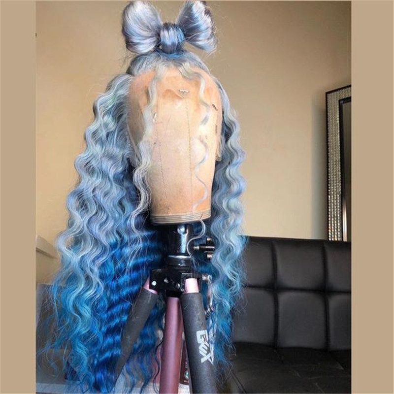 Peruvian Hair Blue Ombre Color Deep Wave Lace Front Wig