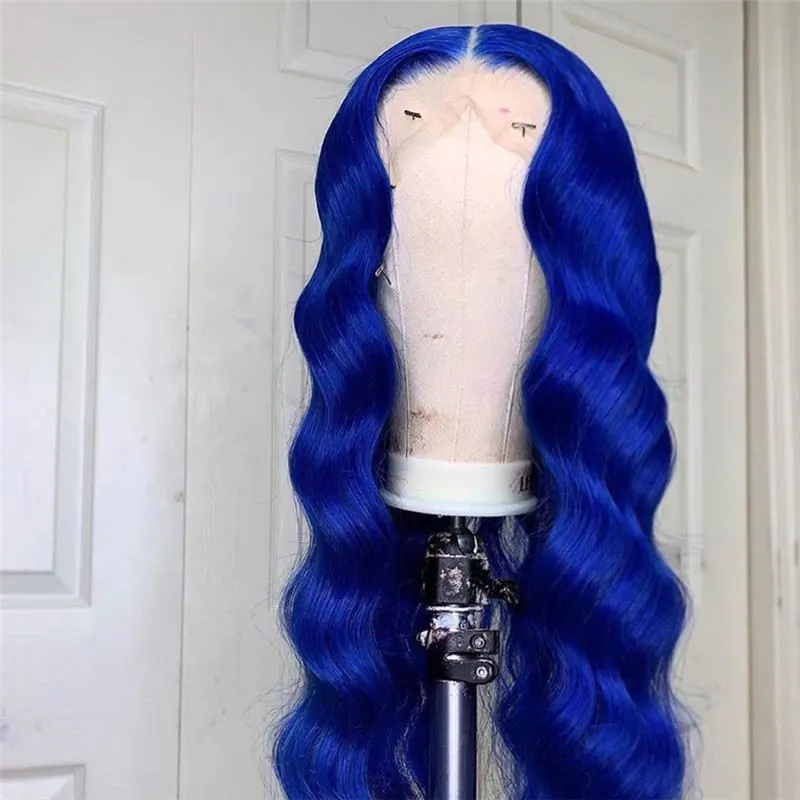 150% Density Transparent Lace Wigs Body Wave Colored Human Hair Wigs Peruvian Remy 4x4 Closure Wig Blue Ombre Lace Front Wig