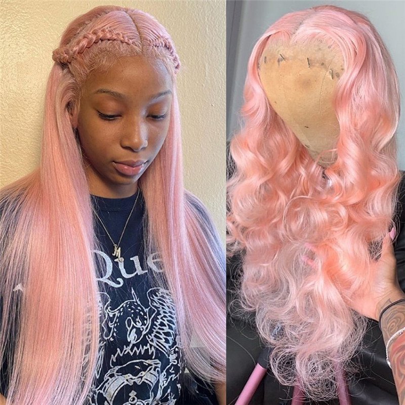 Straight Pink Colored Human Hair Wigs For Women Preplucked Brazilian Remy Pink Ombre HD Transparent Lace Frontal Wig