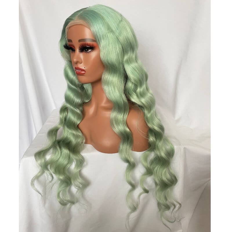 Transparent Lace Wigs Mint Green Colored Body Wave Human Hair Lace Wigs Brazilian Remy 28Inch Ombre Human Hair Wigs For Women