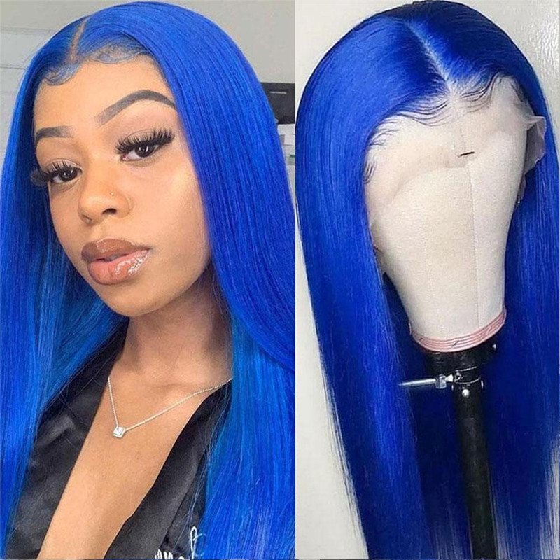 28inch Blue Ombre Colored Lace Front Human Hair Wigs For Women Pre Plucked Brazilian Remy Straight Blue Lace Front Wig