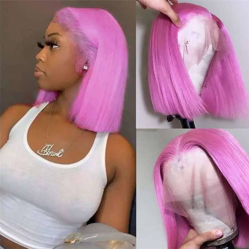 150% Density  Pink Short Bob Human Hair Wigs Transparent Lace Front Wig Brazilian Remy Hair Pink Bob Lace Front Wig Pre Plucked