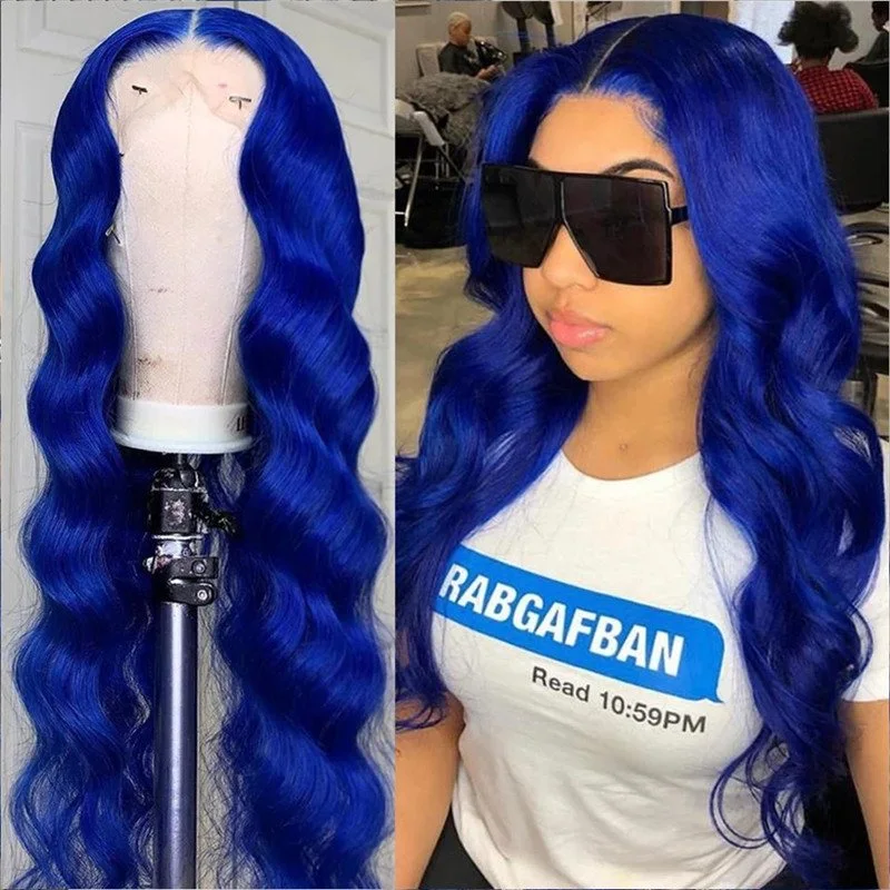 150% Density Transparent Lace Wigs Body Wave Colored Human Hair Wigs Peruvian Remy 4x4 Closure Wig Blue Ombre Lace Front Wig