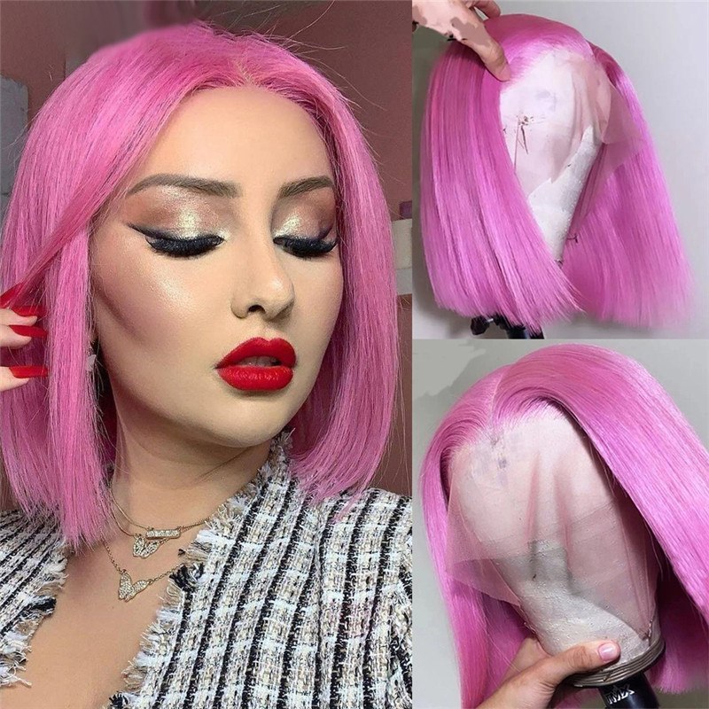 150% Density  Pink Short Bob Human Hair Wigs Transparent Lace Front Wig Brazilian Remy Hair Pink Bob Lace Front Wig Pre Plucked