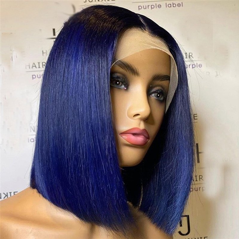 150% Density  Blue Short Bob Human Hair Wigs Transparent Lace Front Wig Brazilian Remy Hair Blue Bob Lace Front Wig Pre Plucked