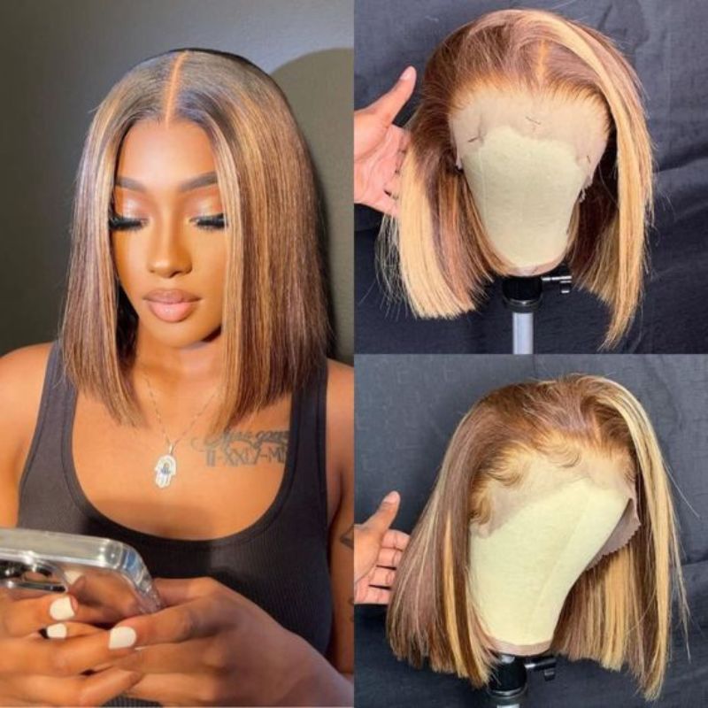 Bob Colored Human Hair Wigs For Women Brazilian 4P 27 Brown Honey Blonde Highlight Bob Wig Lace Front Ombre Human Hair Wig Preplucked